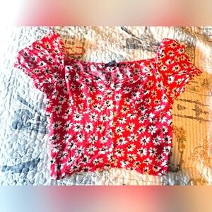 Bershka Red Floral Crop Top Smocked Back Off Shoulder Daisy Print XS/S